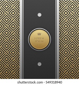 Vertical banner template on golden metallic background with seamless geometric pattern. Elegant luxury style.