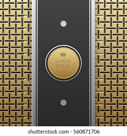 Vertical banner template on golden metallic background with seamless geometric pattern. Elegant luxury style.