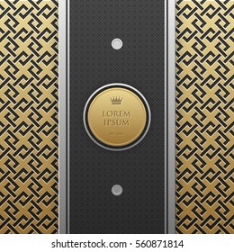 Vertical banner template on golden metallic background with seamless geometric pattern. Elegant luxury style.