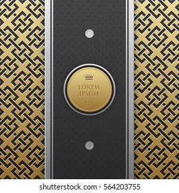 Vertical banner template on golden metallic background with seamless geometric pattern. Elegant luxury style.