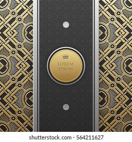 Vertical banner template on golden metallic background with seamless geometric pattern. Elegant luxury style.