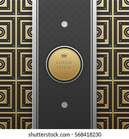 Vertical banner template on golden metallic background with seamless geometric pattern. Elegant luxury style.