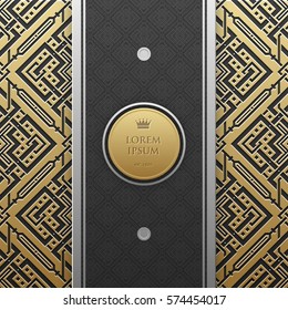 Vertical banner template on golden metallic background with seamless geometric pattern. Elegant luxury style.