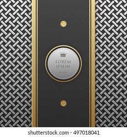 Vertical banner template on silver/platinum metallic background with seamless geometric pattern. Elegant luxury style.