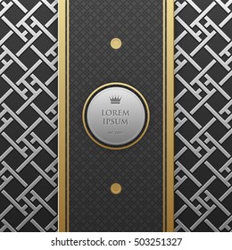 Vertical banner template on silver/platinum metallic background with seamless geometric pattern. Elegant luxury style.