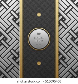 Vertical banner template on silver/platinum metallic background with seamless geometric pattern. Elegant luxury style.