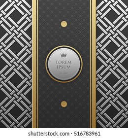 Vertical banner template on silver/platinum metallic background with seamless geometric pattern. Elegant luxury style.