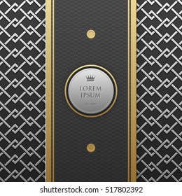 Vertical banner template on silver/platinum metallic background with seamless geometric pattern. Elegant luxury style.