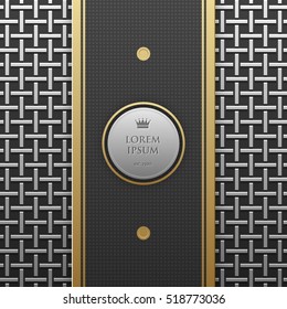 Vertical banner template on silver/platinum metallic background with seamless geometric pattern. Elegant luxury style.