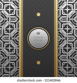 Vertical banner template on silver/platinum metallic background with seamless geometric pattern. Elegant luxury style.