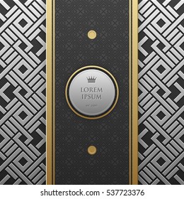 Plantilla de banner vertical sobre fondo metálico platino/platino con un patrón geométrico sin fisuras. Elegante estilo lujoso.