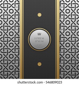 Vertical banner template on silver/platinum metallic background with seamless geometric pattern. Elegant luxury style.