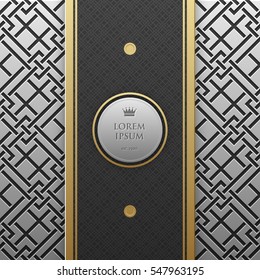 Vertical banner template on silver/platinum metallic background with seamless geometric pattern. Elegant luxury style.