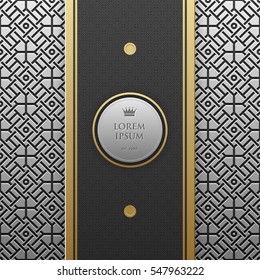 Vertical banner template on silver/platinum metallic background with seamless geometric pattern. Elegant luxury style.