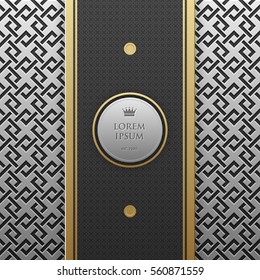 Vertical banner template on silver/platinum metallic background with seamless geometric pattern. Elegant luxury style.