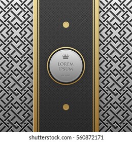 Vertical banner template on silver/platinum metallic background with seamless geometric pattern. Elegant luxury style.