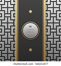 Vertical banner template on silver/platinum metallic background with seamless geometric pattern. Elegant luxury style.