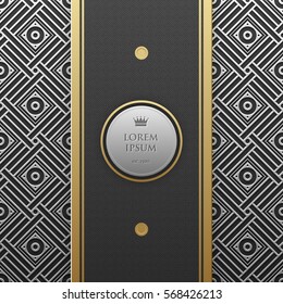 Vertical banner template on silver/platinum metallic background with seamless geometric pattern. Elegant luxury style.
