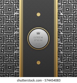 Vertical banner template on silver/platinum metallic background with seamless geometric pattern. Elegant luxury style.
