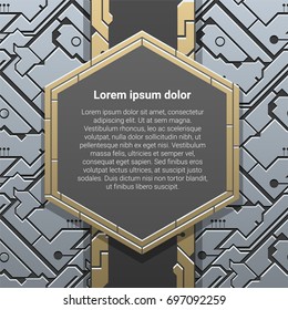 Vertical banner template on silver/platinum metallic background with technological design