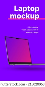 Vertical Banner Template for Stories with Realistic Laptop Mockup. Vector illustration