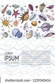 Vertical banner template with vector seashells, fish, jellyfish and pearl. Hand drawing, advertising banner design, flyer, illustration for web site, cover, etc.
