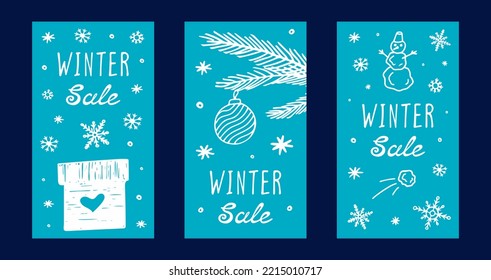 Vertical banner template for Winter Sale. Hand drawn gradient vector illustration for winter design with snowflakes, gift boxes and branch fir.