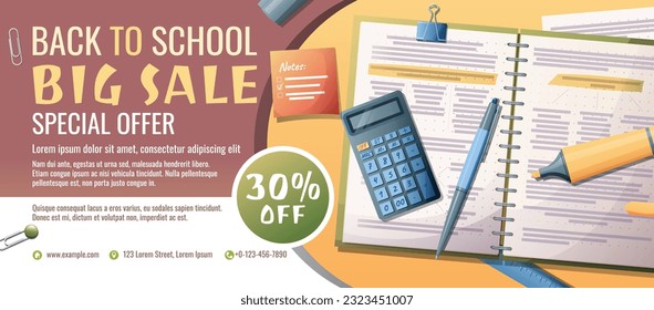 Vertical banner with textbook, calculator and stationery. Back to school, study, education. Office supplies scattered on the surface. Discount flyer with school items.