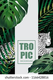Vertical banner with tropical leaves and leopard. Design of book covers, brochures, decorations, cosmetics, goods for animals.