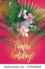 Vertical banner with tropical leaves and leopard. Design of book covers, brochures, decorations, cosmetics, goods for animals.