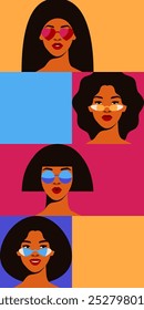 Vertical banner with vibrant women in sunglasses. Summer and beauty background with portraits of girls. Vector illustration