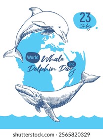 Vertical banner for Whale and Dolphin Day or Ocean Day. Concept of the problem of preserving animal diversity in the ocean. Vector linear drawing of marine mammals on the background of planet Earth.