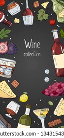 Vertical banner with wine collection on black background. Vector hand drawn wine banner