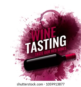 Vertical banner with wine stains background. Wine tasting text example. Wine bottle illustration. Vector spots and drops. Red wine color