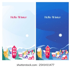 Vertical banner of the winter village of the mountains at night and during the day. Lettering Hello winter. Snowy mountains with stars and moon. Snowy mountains in the afternoon with snowflakes, sun