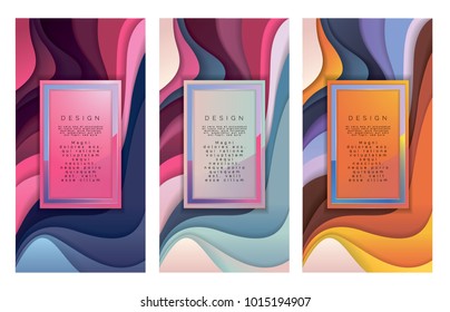 Vertical banners with 3D abstract background with paper cut shapes. Colorful carving art- purple, pink, blue, orange, magenta