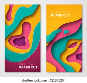 Vertical banners with 3D abstract background with paper cut shapes. Vector design layout for business presentations, flyers, posters and invitations. Colorful carving art - blue, yellow and violet