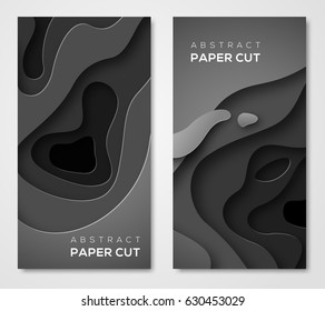 Vertical banners with 3D abstract background, black paper cut shapes. Vector design layout for business presentations, flyers, posters and invitations. Dark carving art