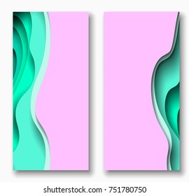 Vertical banners with 3D abstract background with turquoise paper cut waves. Contrast colors. Vector design layout for presentations, flyers, posters and invitations.
