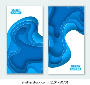Vertical banners with 3D abstract blue background with paper cut shapes. Vector design layout for business presentations, flyers, posters and invitations. Colorful carving art eps 10