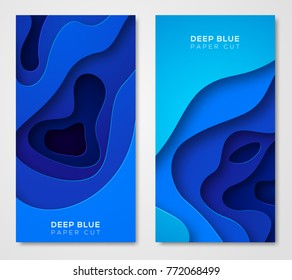 Vertical banners with 3D abstract blue background with paper cut shapes. Vector design layout for business presentations, flyers, posters and invitations. Colorful carving art