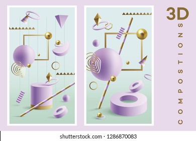Vertical banners, abstract 3d render of geometric shapes in purple and golden colors isolated on green backdrop