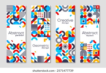 Vertical banners with abstract modern geometric pattern borders. Creative line art vector graphic shapes of color circles, triangles and squares on white background. Minimal geometric mosaic banners