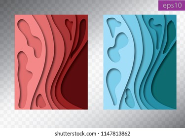 Vertical banners with  abstract red and blue cover background with paper cut shapes. High resolution