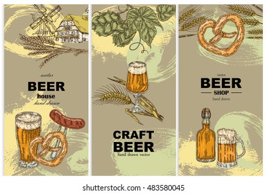 Vertical banners with beer glasses, bottle, old windmill, barley and hop in vintage sketch style. Vector illustration.