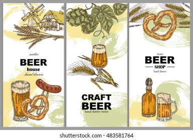 Vertical banners with beer glasses, bottle, old windmill, barley and hop in vintage sketch style. Vector illustration.