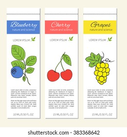 Vertical banners with berries: blueberry, cherry, grapes isolated on white background, Vector frame with space for text, Design for card, cosmetic, web store, beauty salon, natural organic product