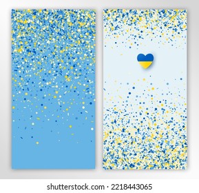 Banderas verticales con confeti amarillo azul y corazón de papel con los colores de la bandera ucraniana. Dos plantillas vectoriales para el diseño de folletos, certificados, volantes