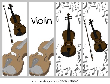 Vertical banners, buisness card template with violin, alt and bow. Isolated vector illustration with musician on white background