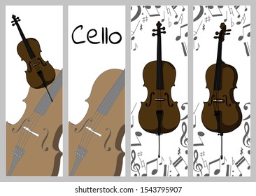 Vertical banners, buisness card template with cello. Isolated vector illustration with musician on white background
